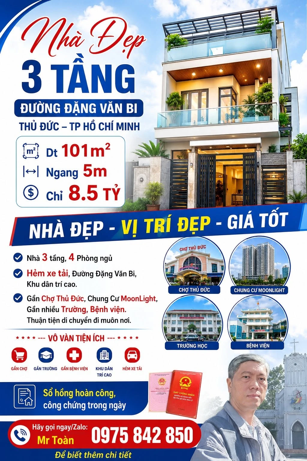Nhà 3 tầng, 4PN, 101m2, Đặng Văn Bi, Thủ Đức - 8.5 tỷ - Ảnh 1