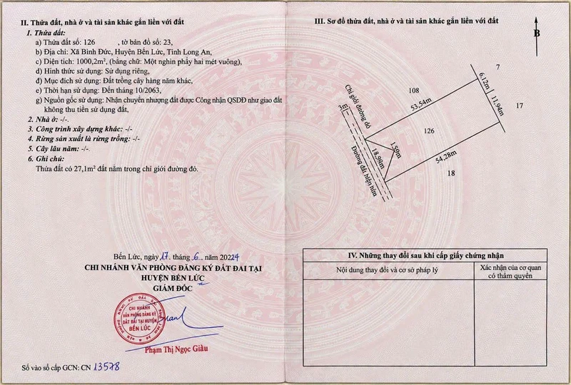 Bán 1 công đất vườn 850 triệu Bình Đức Bến Lức