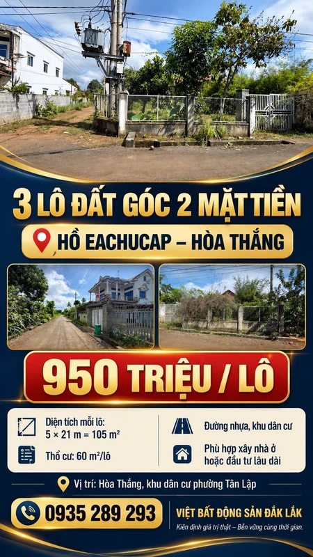 Bán 3 lô đất góc 2 mặt tiền 105m² Tân Lập 950 triệu