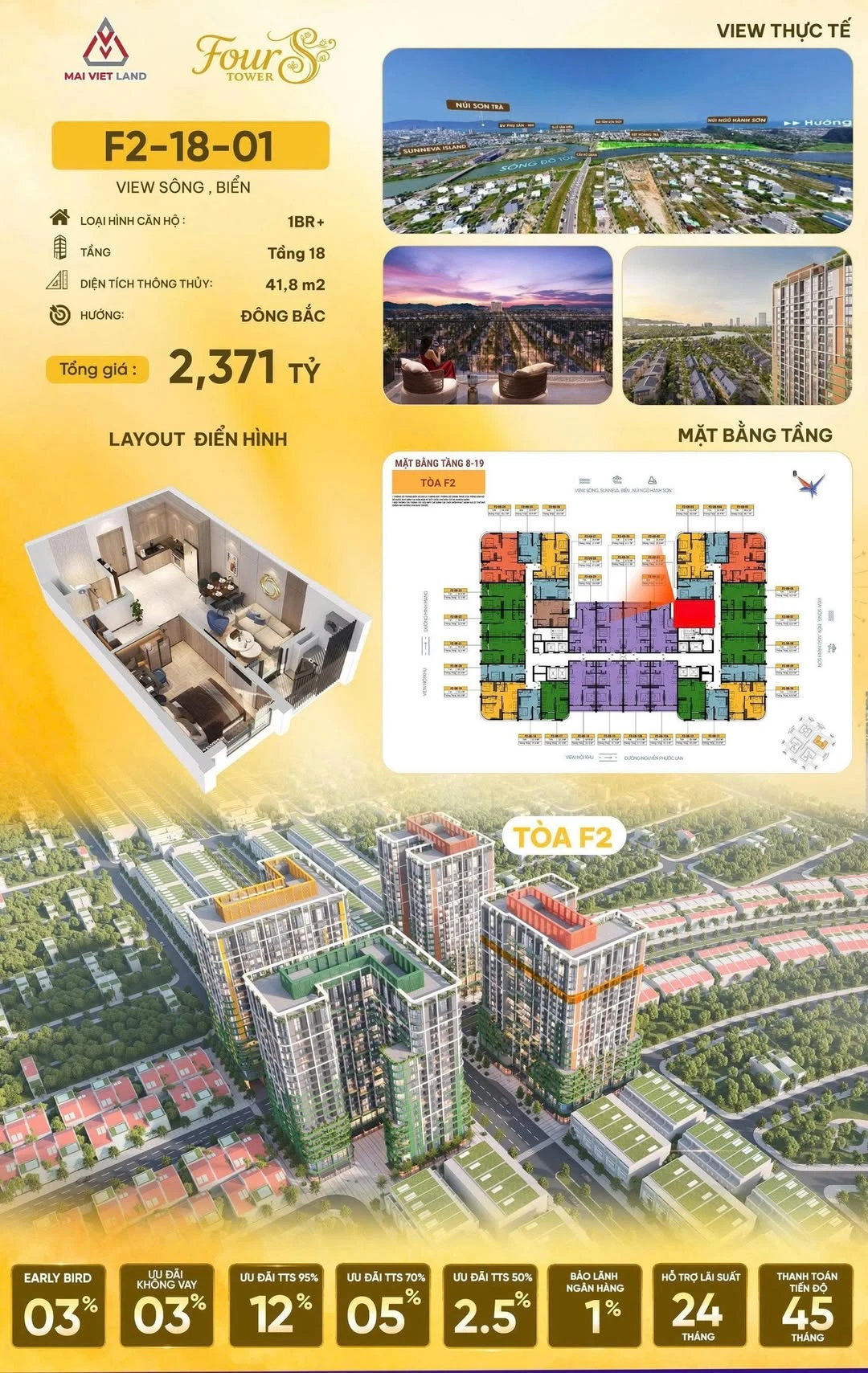 Bán căn hộ 1PN+ Fours Tower 41,8m² view sông, biển giá 2,371 tỷ tại Đà Nẵng - Ảnh 1