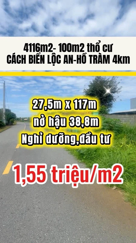 Bán đất biển Lộc An Hồ Tràm 4116m2, 1,55tr/m2