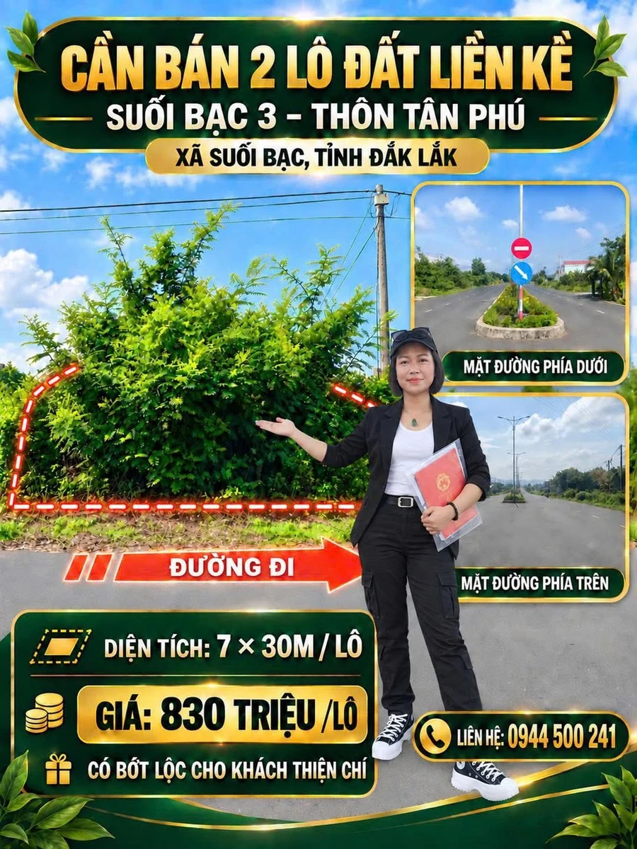 Bán 2 lô đất liền kề 210m² Suối Bạc, Đắk Lắk 830 triệu/lô - Ảnh 1