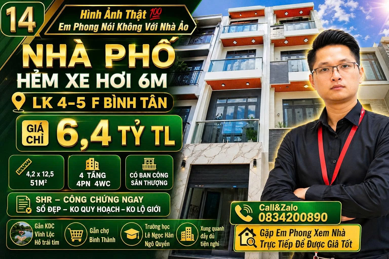Bán nhà phố 4 tầng 51m² hẻm xe hơi Liên Khu 4-5, Bình Tân, giá 6,4 tỷ - Ảnh 1