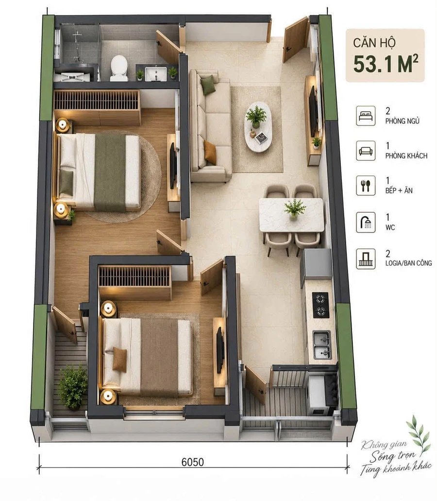 Bán căn hộ 2PN 53m² Handico Lê Hồng Phong 2.6 tỷ - Ảnh thu nhỏ 2
