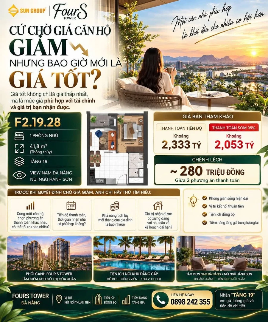 Bán căn hộ 1PN 41,8m² FourS Tower Đà Nẵng giá 2,333 tỷ - Ảnh 1