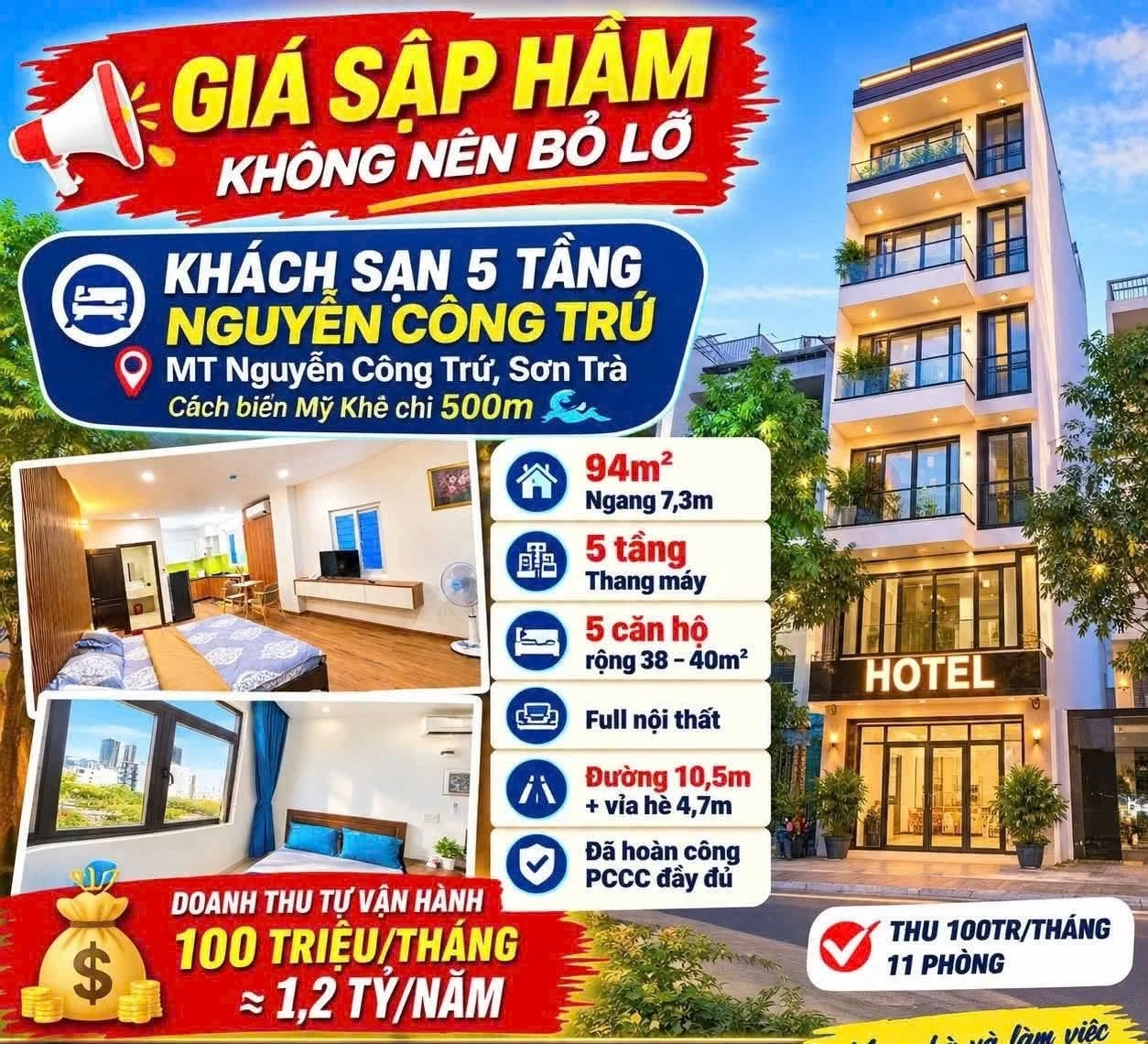 Bán khách sạn 5 tầng 94m² mặt tiền Nguyễn Công Trứ Sơn Trà 16,8 tỷ - Ảnh 1