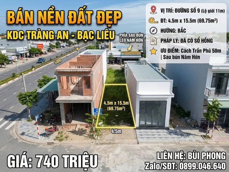 Bán nền đất 69,75m² đường Số 9 KDC Tràng An Bạc Liêu