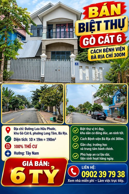 Bán biệt thự 190m² Gò Cát 6, Bà Rịa 6 tỷ