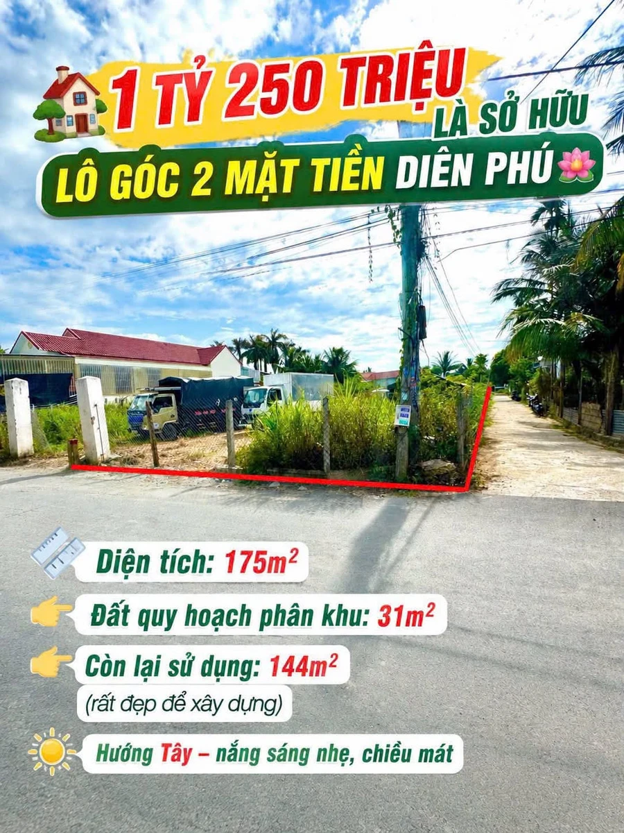 Bán đất góc 2 mặt tiền Diên Phú 175m² giá 1,25 tỷ - Ảnh 1