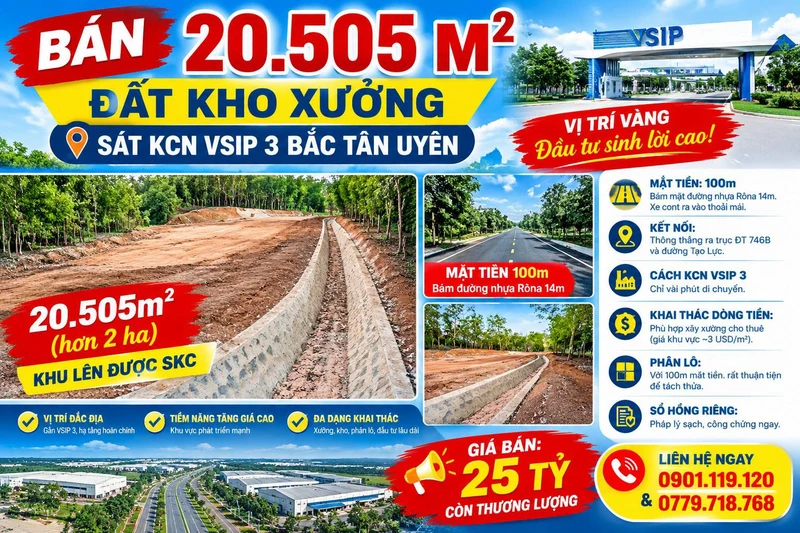 Bán 20.505m² đất kho xưởng sát KCN VSIP 3 Bắc Tân Uyên, giá 25 tỷ