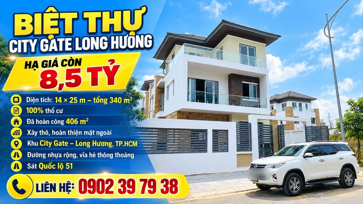 Bán biệt thự 340m² City Gate Long Hương 8,5 tỷ - Ảnh 1