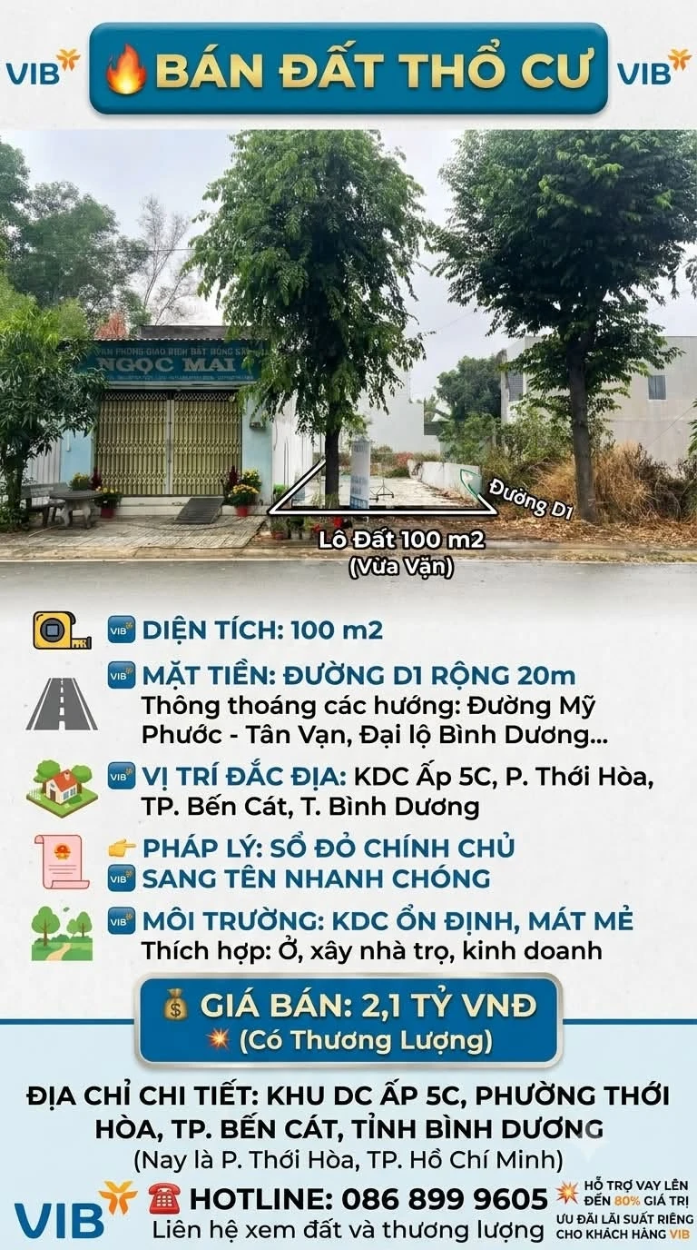 Bán đất 100m2 mặt tiền đường D1 khu dân cư ấp 5C, Thới Hòa, Bến Cát, giá 2,1 tỷ - Ảnh 1