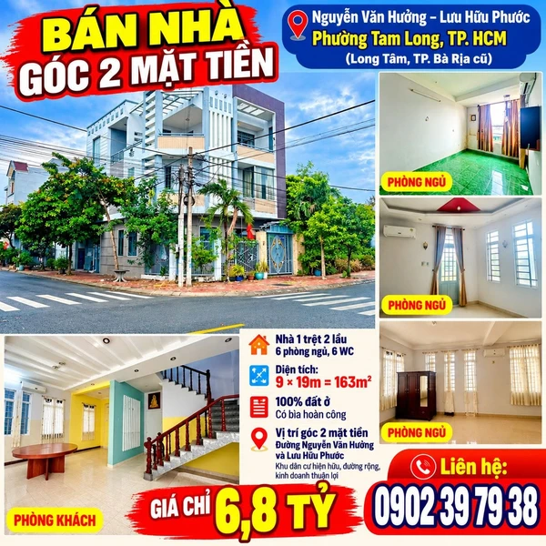 Bán nhà góc 2 mặt tiền 6PN, 163m² Long Tâm 6,8 tỷ