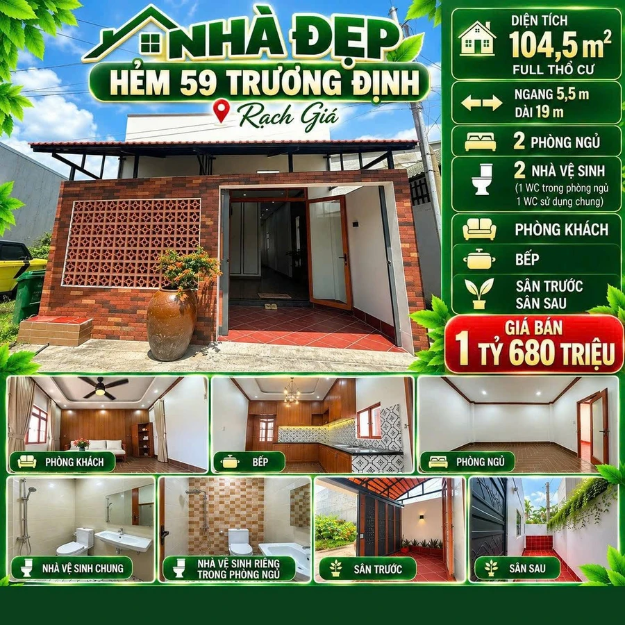 Nhà hẻm Trương Định, Rạch Giá 2PN 104,5m² - 1 tỷ 680 triệu - Ảnh 1
