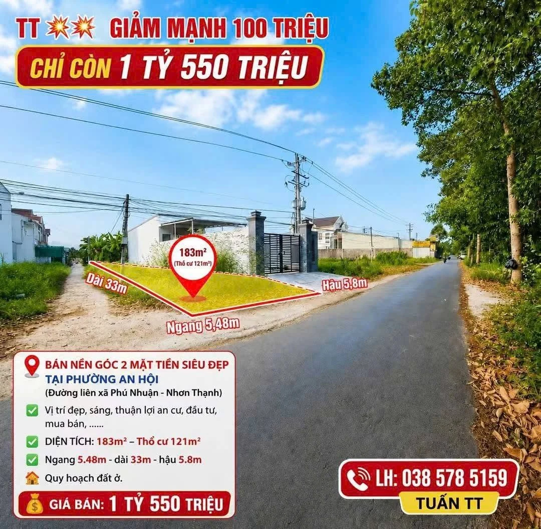 Bán nền góc 2 mặt tiền 183m² An Hội 1 tỷ 550 triệu - Ảnh 1
