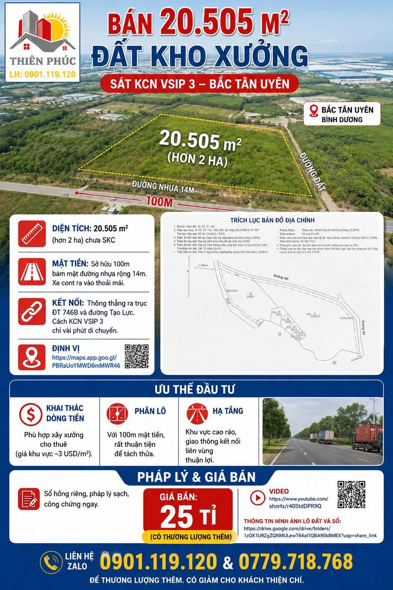 Bán hơn 2ha đất kho xưởng 20.505m² sát KCN VSIP 3, Bắc Tân Uyên, giá 24,9 tỷ - Ảnh 1