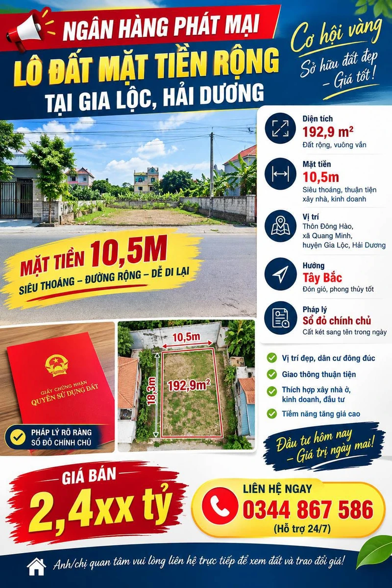 Bán đất mặt tiền 10,5m tại Gia Lộc, Hải Dương, 192,9m² - 2,4 tỷ - Ảnh 1