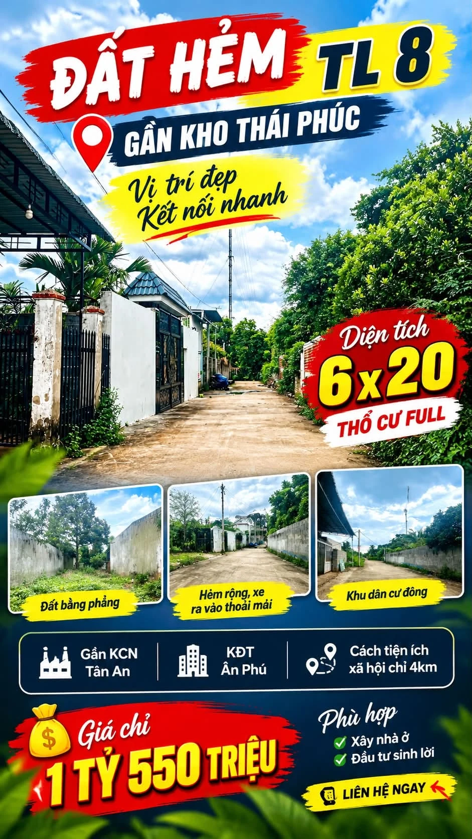 Bán đất hẻm Tỉnh lộ 8 gần kho Thái Phúc, 6x20m, thổ cư, giá 1,55 tỷ - Ảnh 1