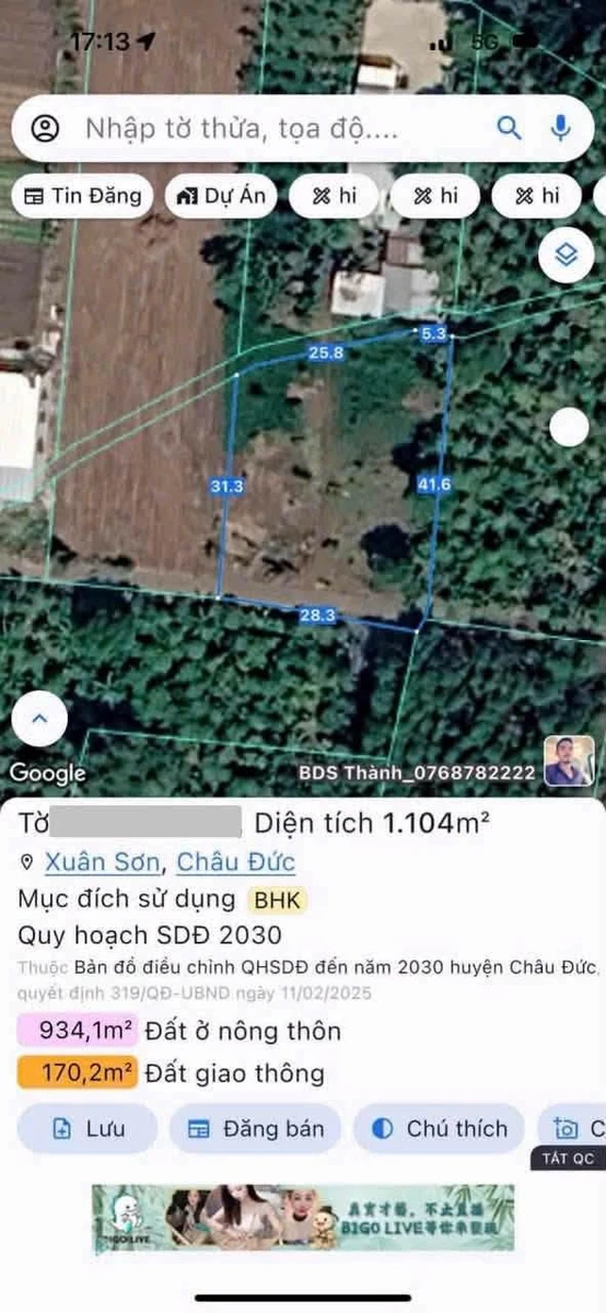 Bán đất 2 mặt tiền Xuân Sơn 1.104m2 - 1 tỷ 1 - Ảnh 1