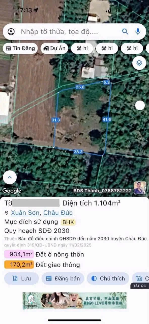 Bán đất 2 mặt tiền Xuân Sơn 1.104m2 - 1 tỷ 1 - Ảnh 1
