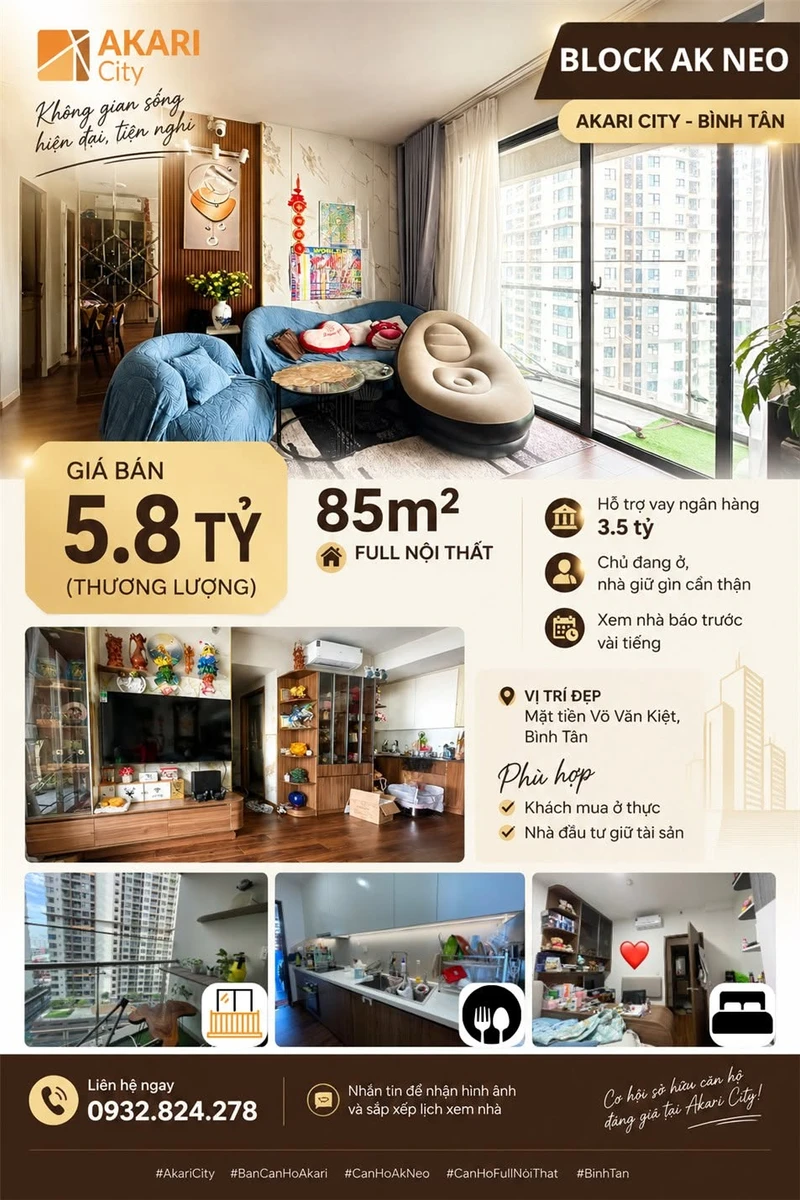 Bán căn hộ AK NEO Akari City 85m² full nội thất giá 5,8 tỷ Bình Tân - Ảnh 1