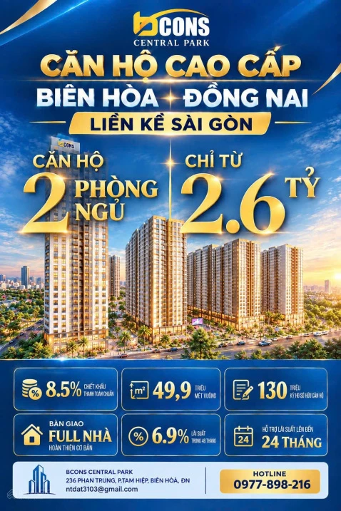 Bcons Central Park Biên Hòa từ 49,9 triệu/m2 - 5% ký HĐ - CK 8.5% ân hạn gốc - lãi 0đ 24 tháng