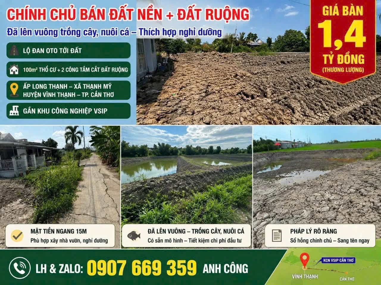 Bán đất thổ cư 100m2 kèm đất ruộng, mặt tiền lộ đal tại Thạnh Mỹ, Vĩnh Thạnh, Cần Thơ - Ảnh 1