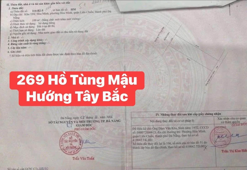 Bán đất mặt tiền Hồ Tùng Mậu 100m² Đà Nẵng