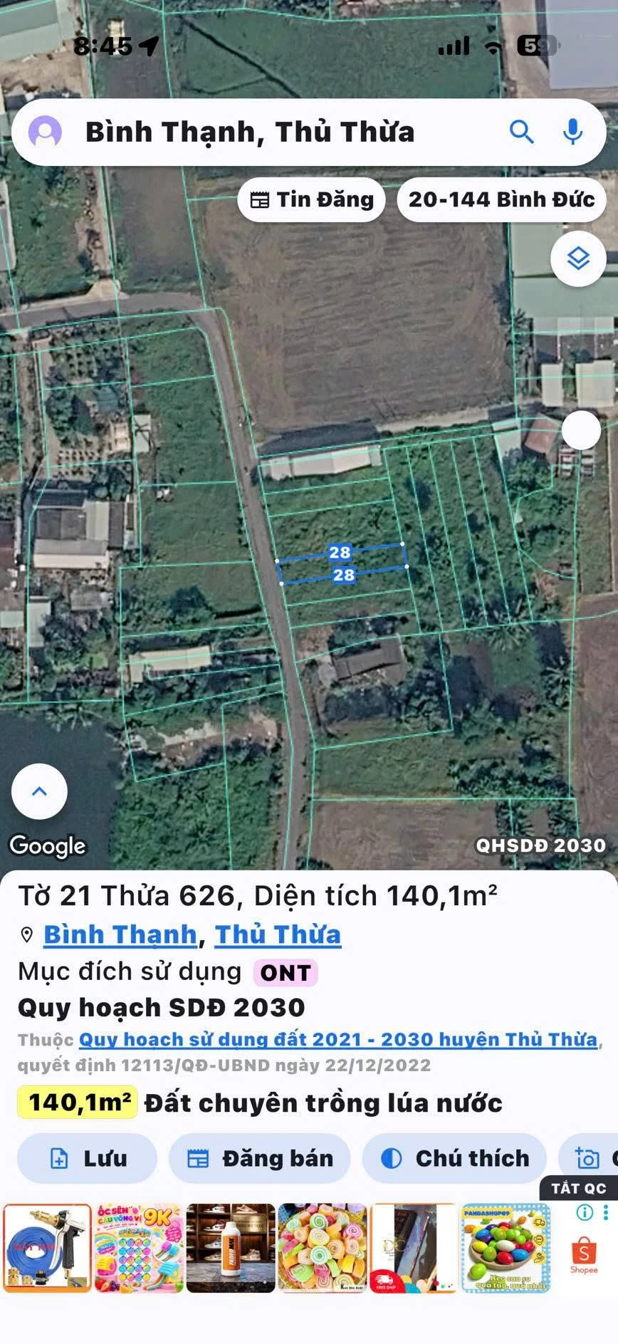 Bán đất nền 140m² xã Bình Thạnh, Thủ Thừa - Ảnh 1