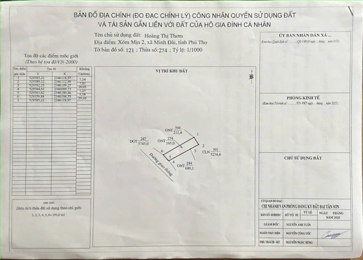 Bán đất 195m2 mặt tiền đường bê tông gần 7m tại Tân Sơn, Phú Thọ, giá khoảng 100 triệu - Ảnh thu nhỏ 2