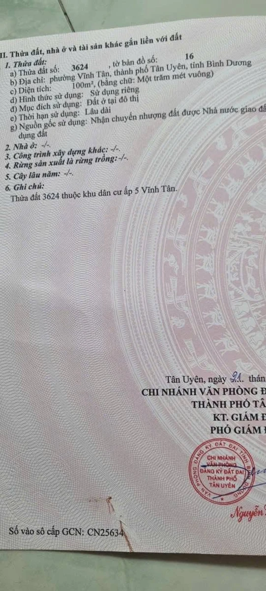 Bán đất Tân Uyên gần chợ Vĩnh Tân 99.94m² sổ hồng riêng - Ảnh thu nhỏ 2