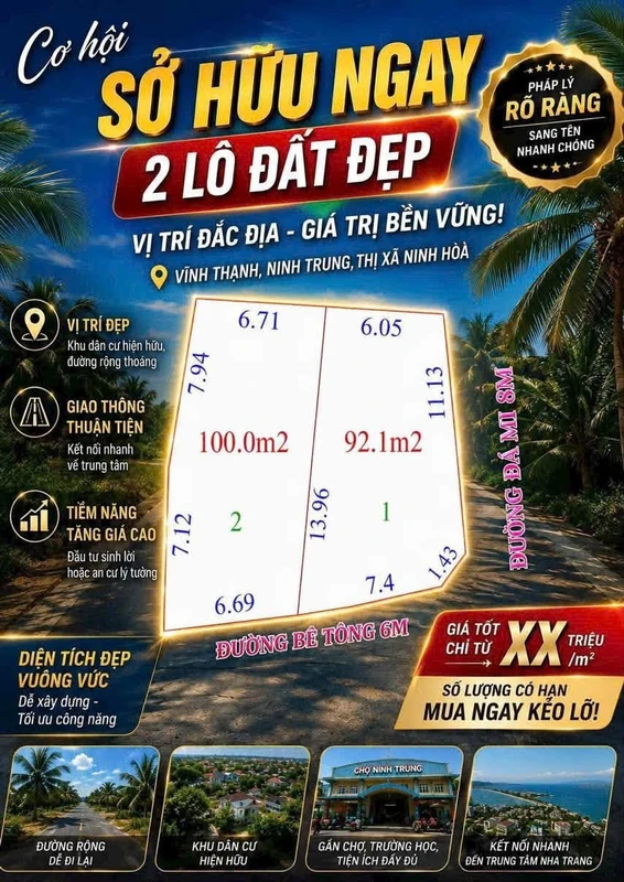 Bán 2 lô đất thổ cư 100m² và 92,2m² giá 220 triệu/lô tại Vĩnh Thạnh, Ninh Trung
