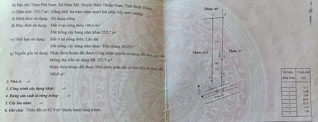 Bán đất thổ cư mặt tiền kênh nước 352m² Hàm Mỹ - Ảnh 1