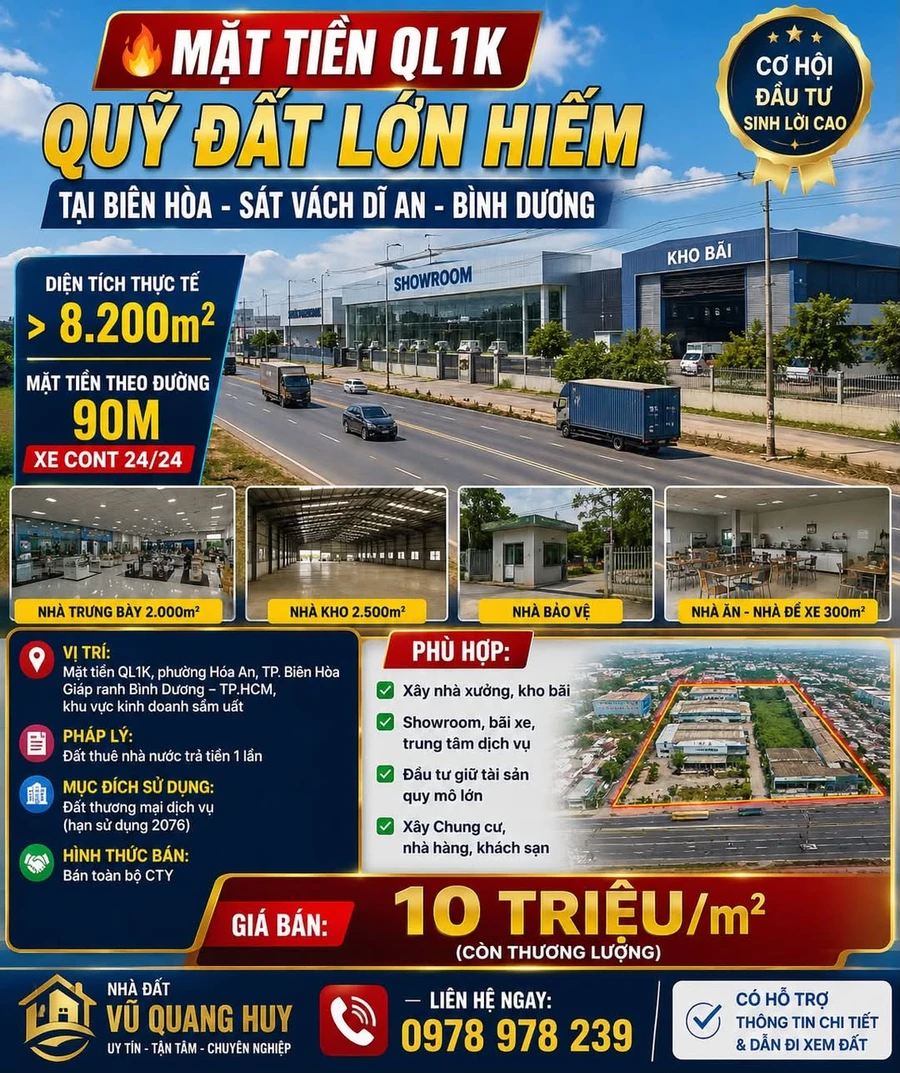 Bán đất mặt tiền QL1K Biên Hòa 8.200m² 10 triệu/m² - Ảnh 1