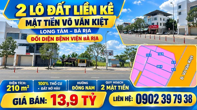 Bán 2 lô đất liền kề mặt tiền Võ Văn Kiệt Long Tâm 210 m²