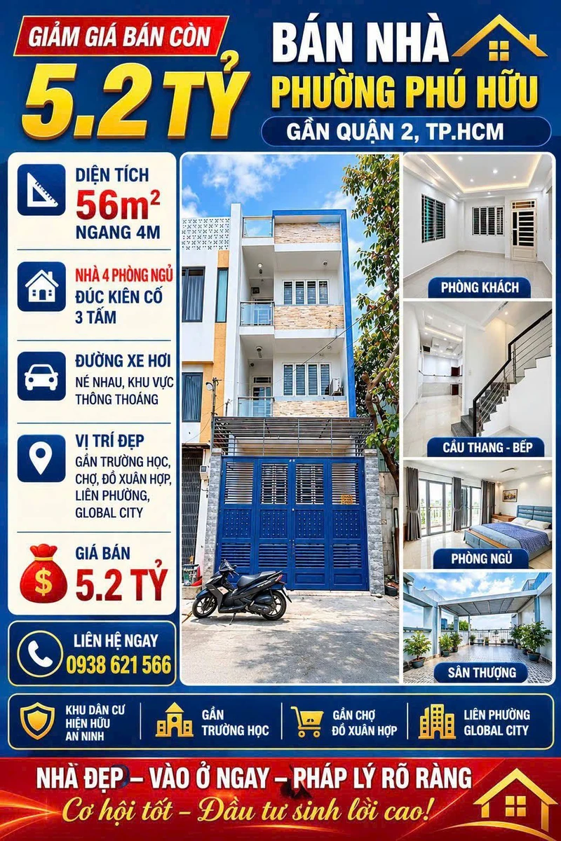 Bán nhà 4PN 56m² Phú Hữu 5,2 tỷ - Ảnh 1
