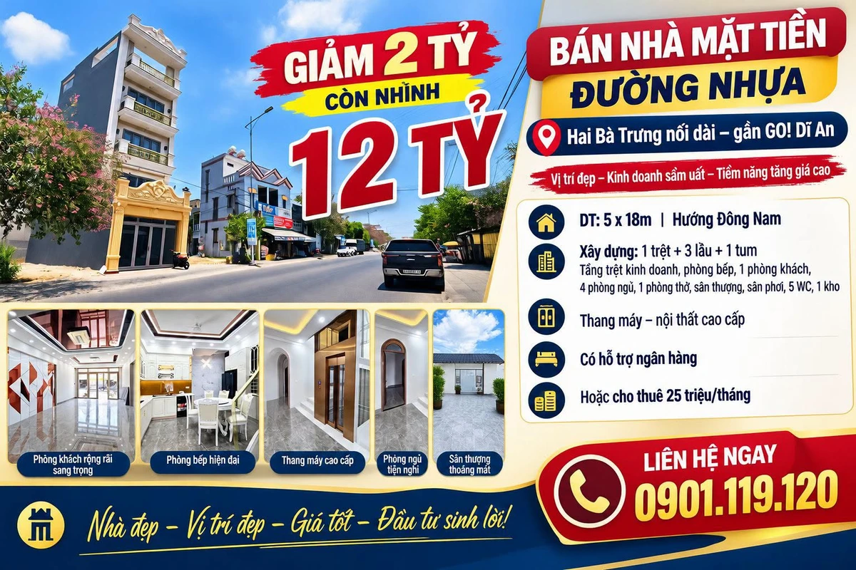 Bán nhà mặt tiền Hai Bà Trưng nối dài, Dĩ An, 5x18m, 1 trệt 3 lầu, 12,8 tỷ - Ảnh 1