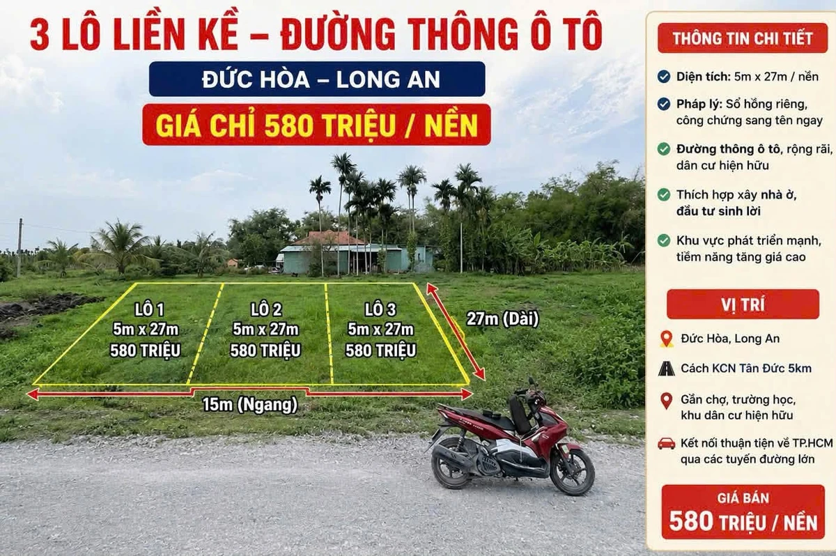 Bán đất nền Hòa Khánh, Đức Hòa, Long An 5x27m, 10x27m, 15x27m - Ảnh thu nhỏ 3