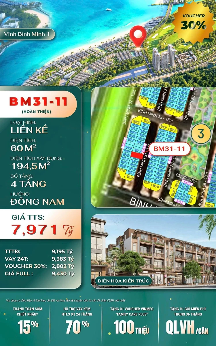Bán shophouse 4 tầng 194,5m² mặt biển Vịnh Bình Minh 7,971 tỷ - Ảnh 1