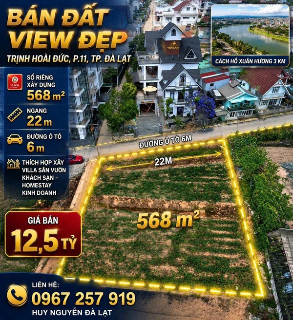 Bán đất đẹp SRXD 568m2 Phường 11 Đà Lạt 12 tỷ 5