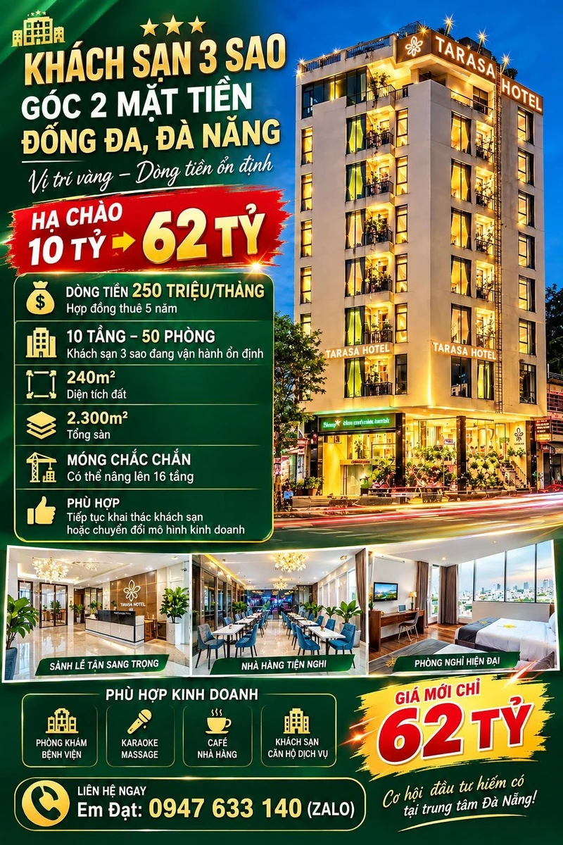 Bán khách sạn 3 sao góc 2 mặt tiền Đống Đa, Đà Nẵng, 240m2, 10 tầng, 50 phòng, giá 62 tỷ - Ảnh 1