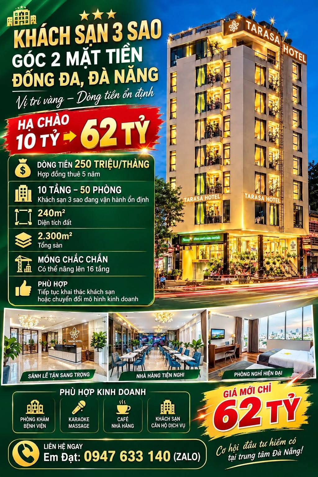 Bán khách sạn 3 sao góc 2 mặt tiền Đống Đa, Đà Nẵng, 240m2, 10 tầng, 50 phòng, giá 62 tỷ - Ảnh 1