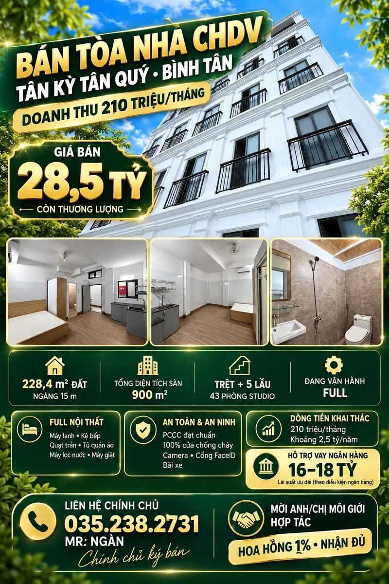 Bán nhà cho thuê 43 phòng 228m² Bình Tân 28.5 tỷ - Ảnh 1