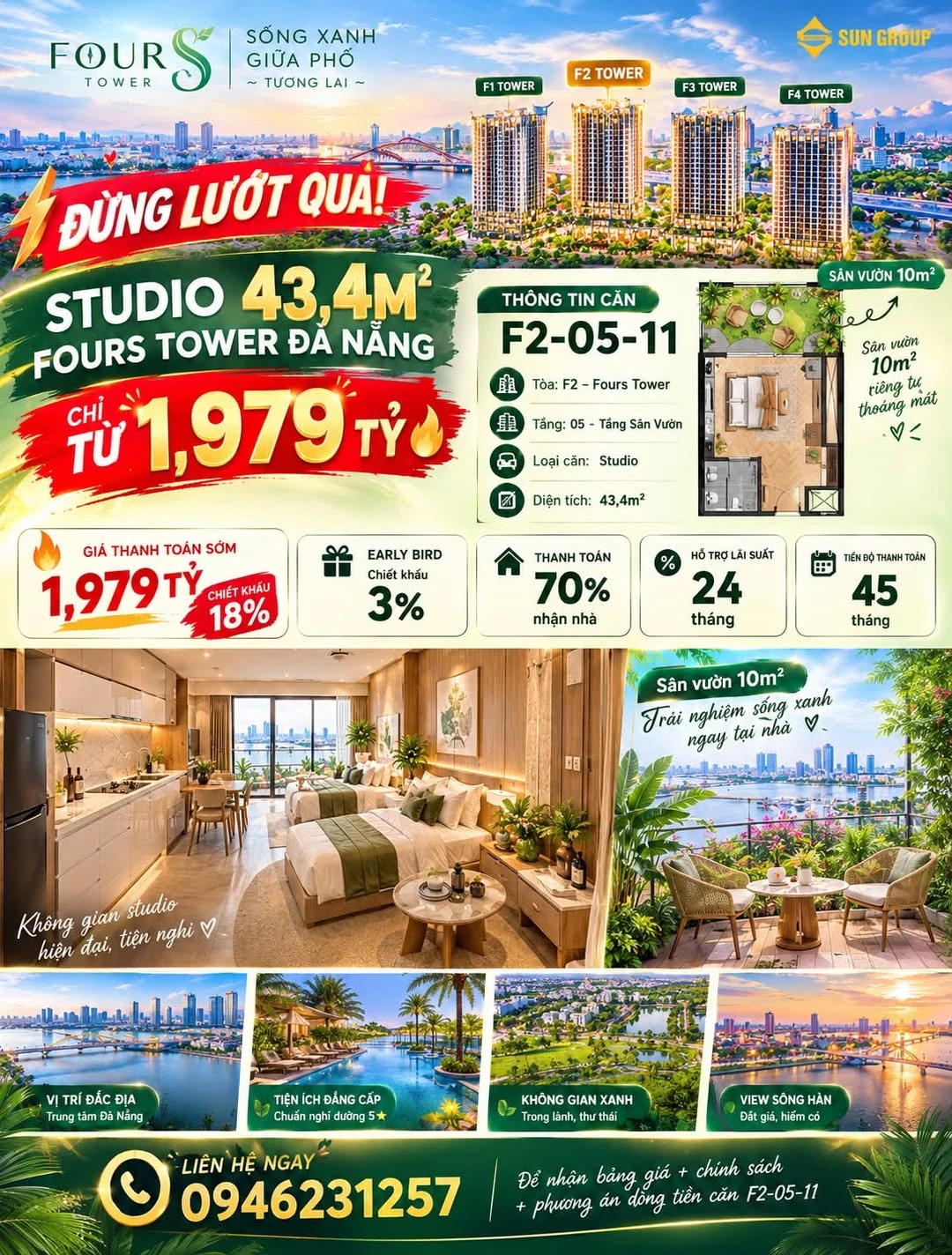 Bán căn hộ studio 43,4m² Fours Tower Đà Nẵng giá 1,979 tỷ - Ảnh 1
