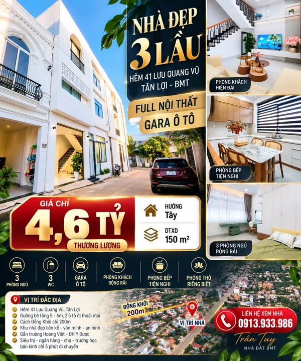 Bán nhà 3 lầu 150m2 hẻm 41 Lưu Quang Vũ, Tân Lợi, Buôn Ma Thuột giá 4,6 tỷ