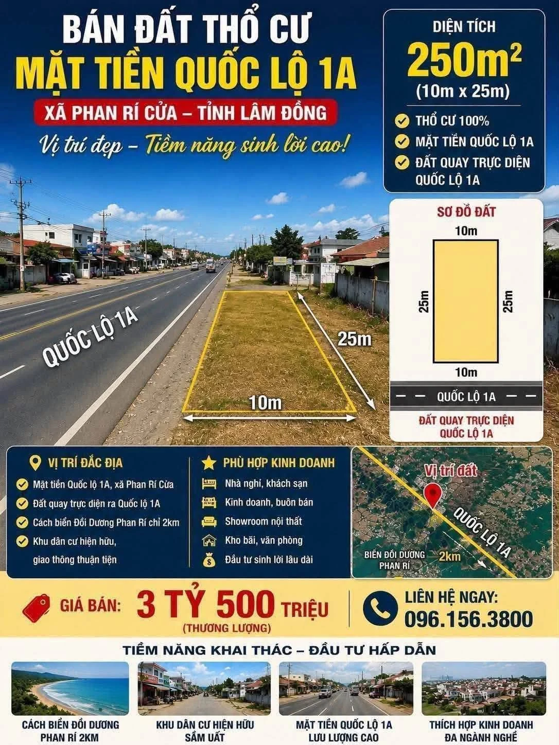 Bán đất thổ cư Quốc Lộ 1A 250m² Phan Rí Cửa - Ảnh 1