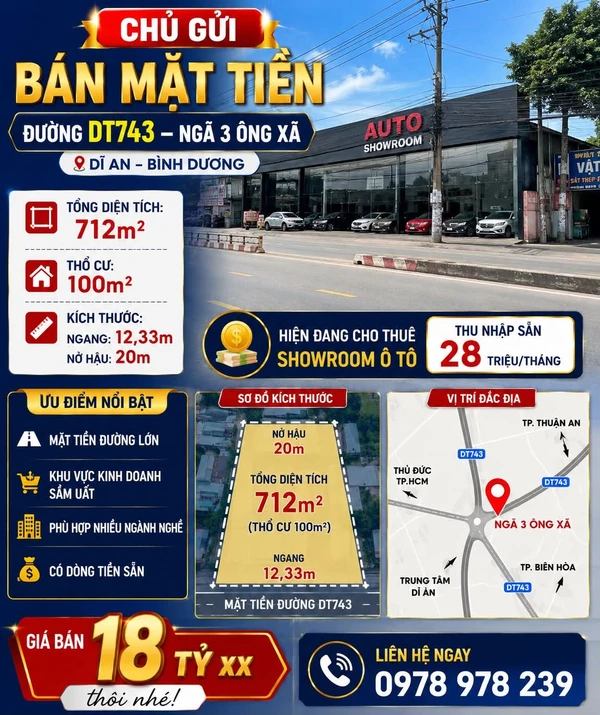 Bán mặt tiền DT 743 Bình Dương 712m²