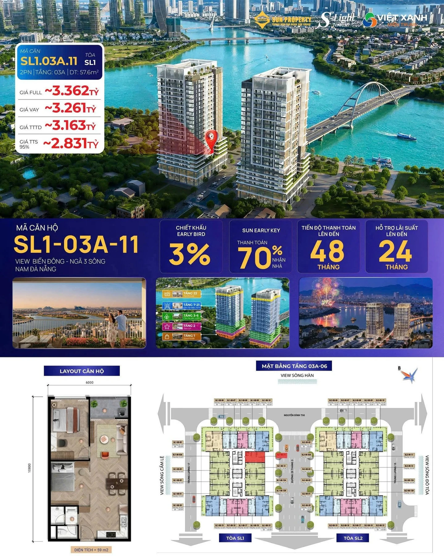 Bán căn hộ S.Light SL1-03A-11, 2PN, 57,6m², view biển Đông, Nam Đà Nẵng - Ảnh 1