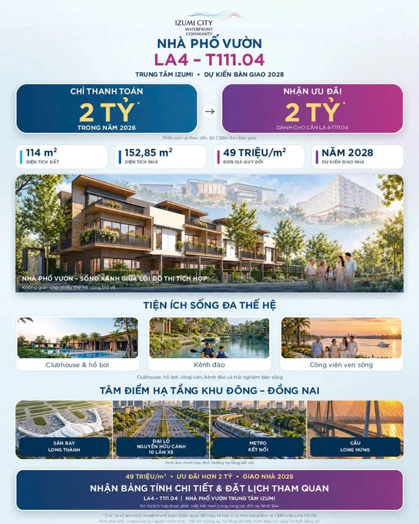 Bán nhà phố vườn Izumi Canaria 152,85m², giá 2 tỷ, Đồng Nai