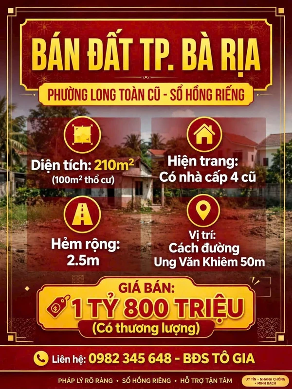 Bán đất 210m² Phường Long Toàn, Bà Rịa, 1 tỷ 800 triệu